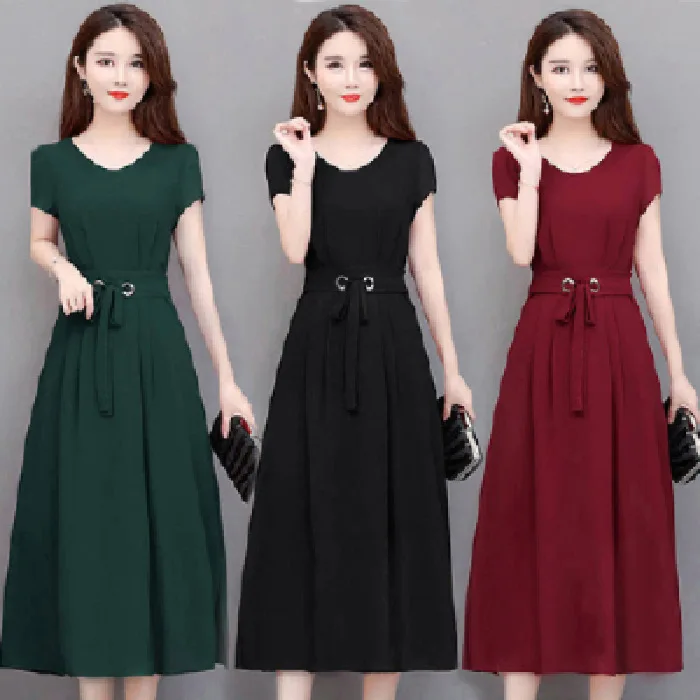 

Large Size Dress Women's 2020 Summer Short Sleeve Mid-length over-the-Knee Long Skirts of Belt Slim Fit Slimming A- line Skirt