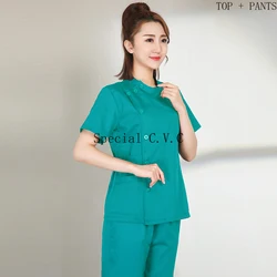 Women Scrub Set Short Sleeve Medical Uniform Stand Collar Scrub Top Stand Collar Nursing Uniform Spa Workwear Slim Medical Pants
