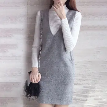 

Solid Color Female Preppy Outfits Autumn Winter Women Two Piece Set Korean Style Long Sleeve T-shirt + Slim Strap Dress