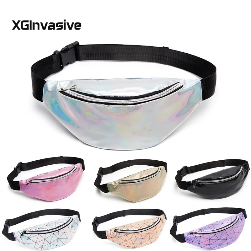 

Women's Fashion Waist Packs Personalized Rock and Roll Color PU Leather Flashing Lattice Belt Bag Nerka Fanny Pack