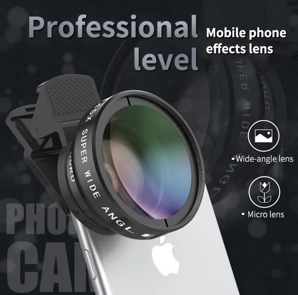 Набор объективов для телефона 0.45X широкоугольный+ 10X макро-объектив с зажимом для камеры мобильного телефона без темного угла для всех телефонов - Цвет: BLACK