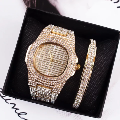 Pulseira de Luxo Relógio de Quartzo Relógio de Pulso com Diamante Hop para Mulher Relógios Definir Moda Feminina Cristal Senhoras Pulseiras 2 Pçs Hip