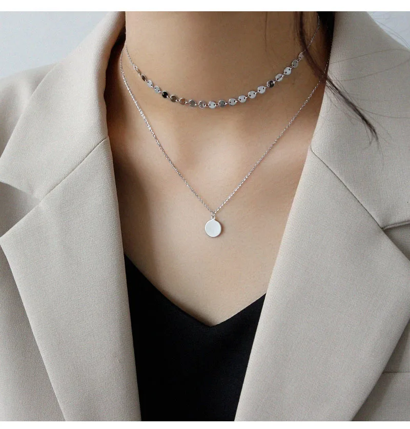 Круглый 925 пробы серебряный кулон ожерелье для женщин Корея многослойное ожерелье чокер персонализированные вечерние аксессуары ювелирные изделия