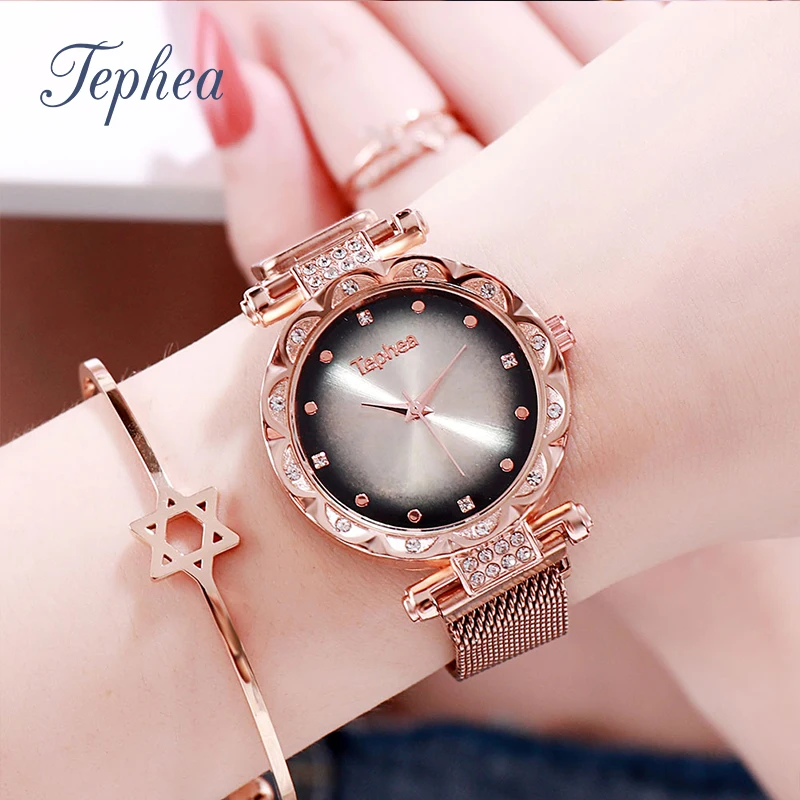 Роскошные Звездное небо женские часы розовое золото 2019 магнитные