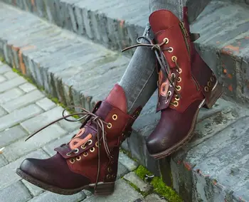 

Burgurdy Brown Lace Up Front Zip Buckles Genuine Leather Girls Retro Gradient Short Boots Round Toe Flat Ankle Boots Winter