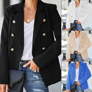 

Women Jacket Double Breasted Jacket 2020 Autumn Casual Long Sleeve Slim Fit Jacketes Solid Color Plus Size Coat Woman