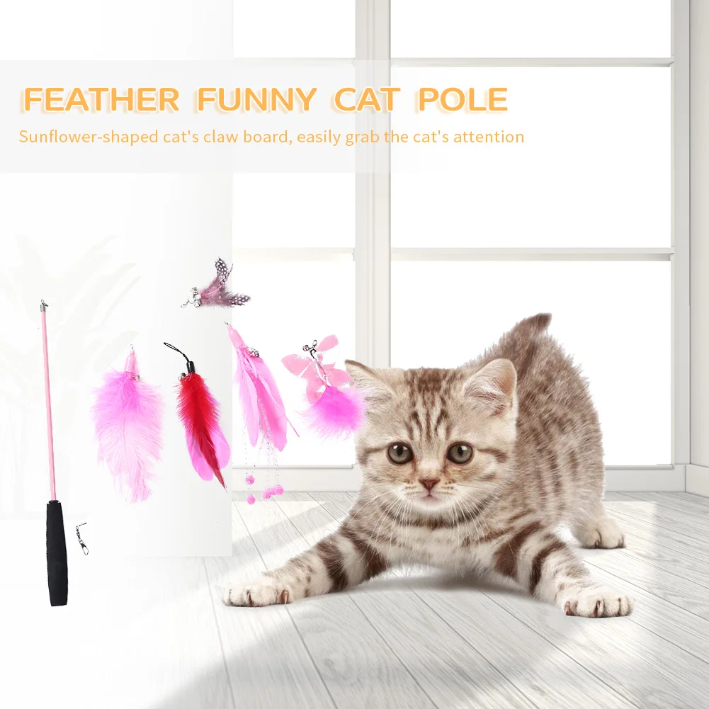 Cat Toys Telescopic Feather Teaser Rod Set Cat Interactive Playing Wand Sticks Toys with Replacement Head Funny Pet Supplies