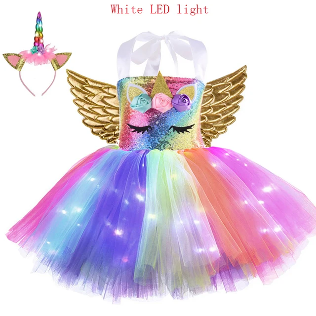 Kids World Book Day Unicorn Costume Girls Birthday Party LED Lights Sequin Rainbow Tutu Dress Shiny Princess Cosplay Costume LED style-C1