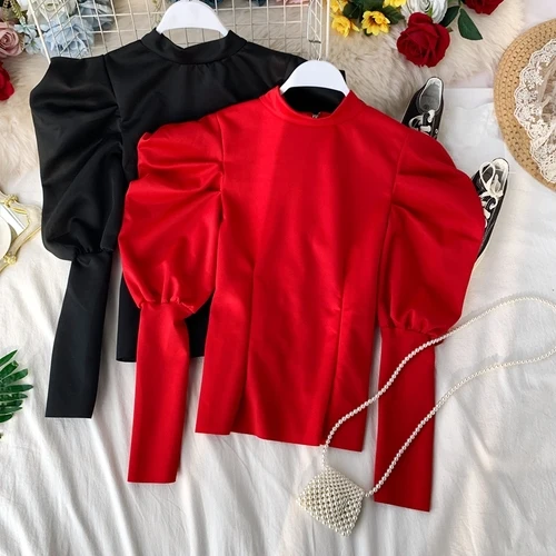 Neploe, французский ретро Топ, пышный, длинный рукав, Круглый ворот, Женский пуловер, молния сзади, тонкий джемпер, корейский однотонный,, осенняя одежда, 55863 - Цвет: red