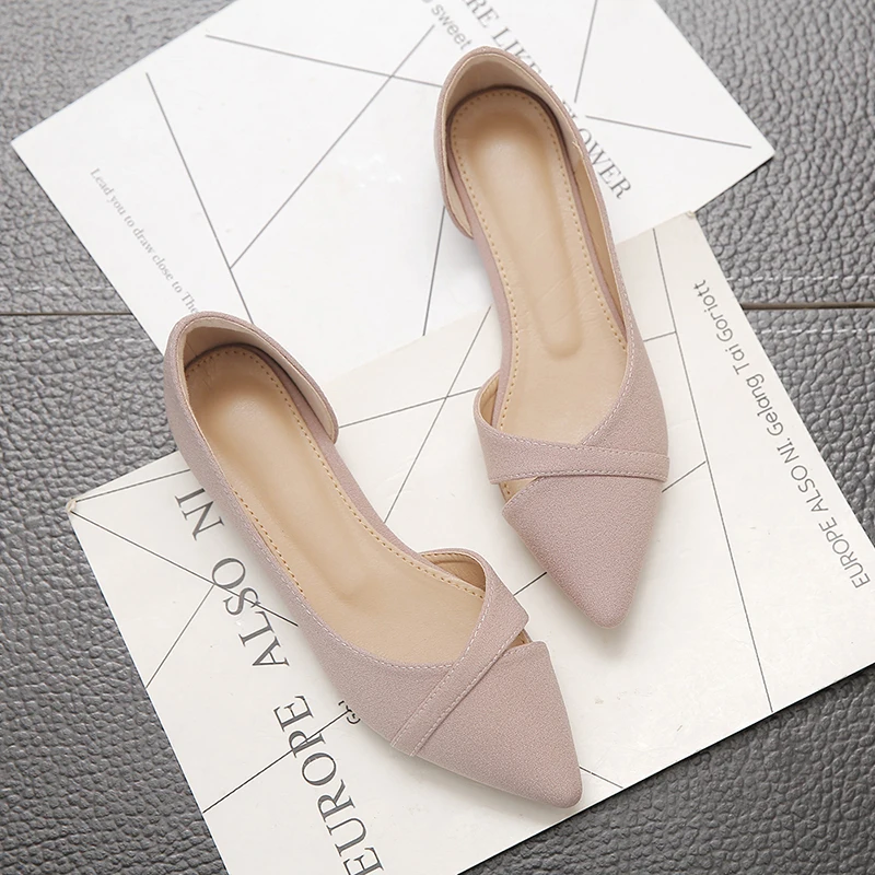 รูปสินค้า รองเท้าส้นแบนผู้หญิง หนังนิ่ม Pointed Toe สีชมพู ดำ ไซส์ 33-44