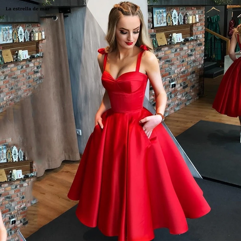 Brautjungfernkleid, новинка, атласное Пышное красное платье подружки невесты с бантом, платье длиной до середины икры, vestidos dama de honor boda, свадебное платье
