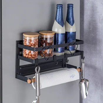 

Bathroom Home With Hooks Magnetic Storage Rack Refrigerator Organizer Shelf Paper Towel Holder Carbon Steel Side Mounted