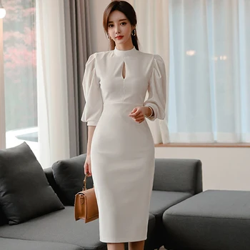 

Korea Slim Women's Knee-Length Cloth Stand Neck Lantern Sleeve High Waist Bodycon OL Official White Work Dress