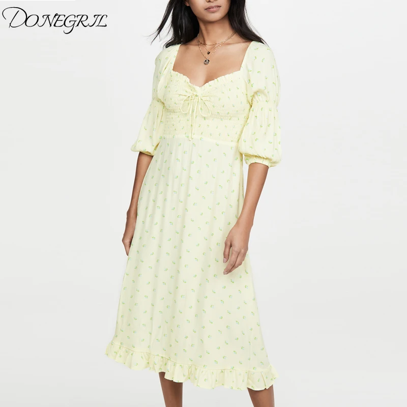 2020 New Vintage Heart Shape Women Dress Spring Square Collar Bandage Lace Vestido Retro Palace Vacation | Женская одежда