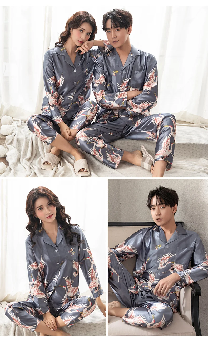 Lovers Ice Silk Men Pajamas 2pcs Fashion Summer Pajamas Set Casual Print Sleepwear Couples Home Clothes Long Sleeve Pyjamas men's loungewear sets