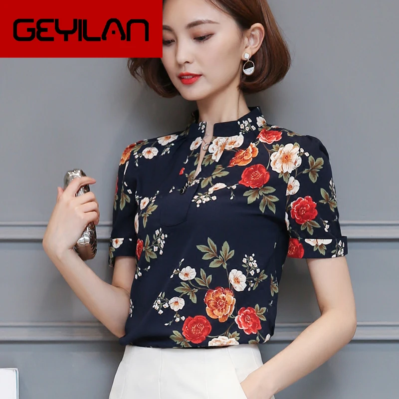 

2019 summer new fashion Korean version of the collar collar Slim printed chiffon shirt shirt short-sleeved shirt tops 67H 30