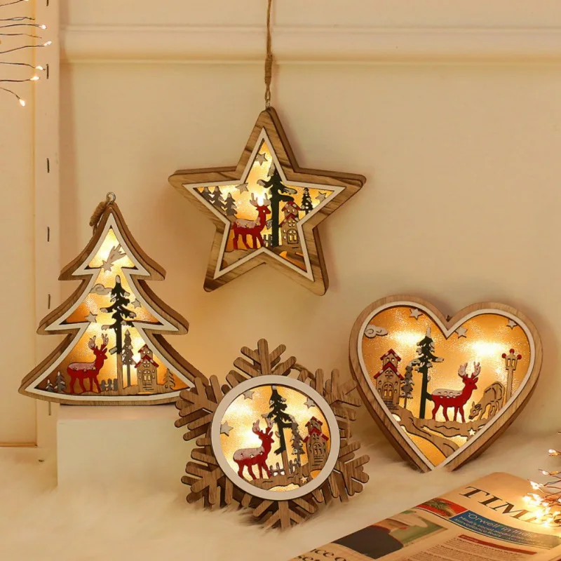 

Merry Christmas Ornament Painted Wooden Frame Lamp Battery Operated Xmas Tree Hanging Pendant Christmas Gift Kerst Decoratie