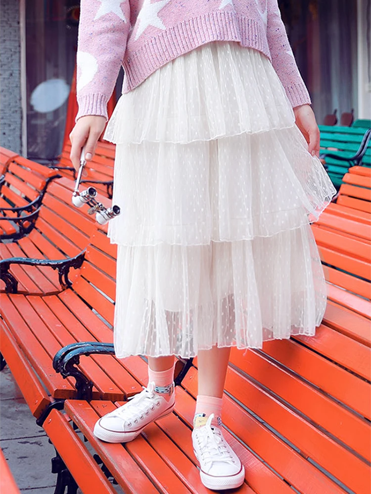Весенне-зимняя Милая белая длинная сетчатая юбка с оборками для девочек английский консервативный стиль, эластичная резинка на талии, винтажные многоярусные юбки в горошек с оборками