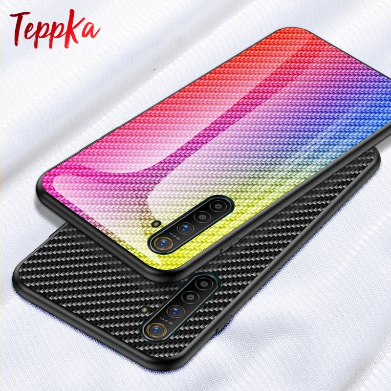 TeppKa Case For Realme XT Carbon fiber texture Glass Hybrid Soft Silicone Cover OPPO |