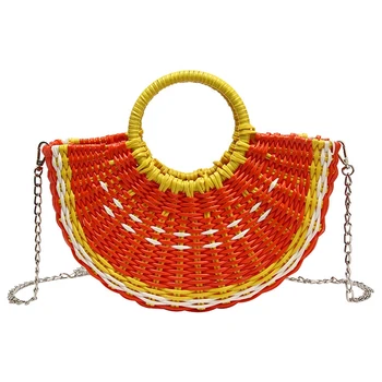 

Cute Watermelon Shaped Straw Bags Women Semicircle Moon Shaped Handbags Women Rattan Beach Bags Brands Bohemian Knitting