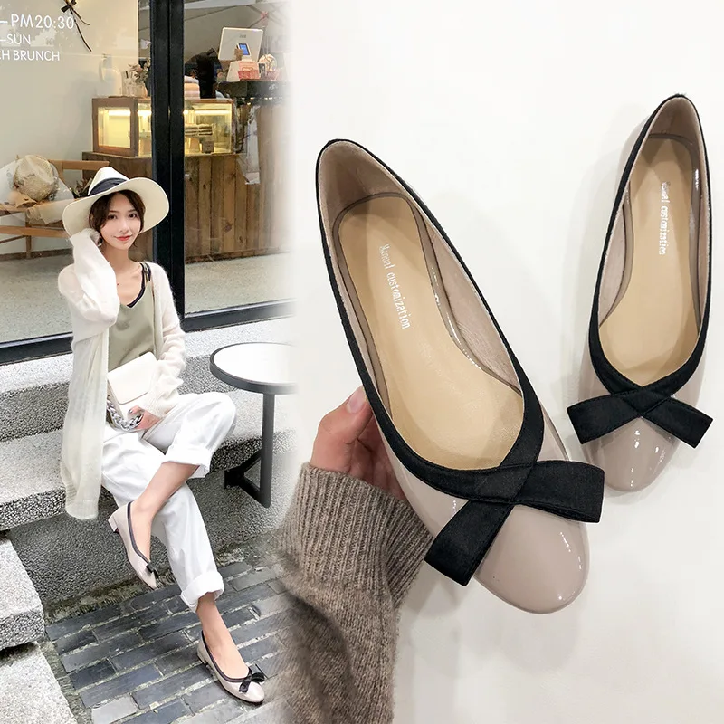 

2019 Spring New Style Sweet Bow Low-Cut Flat Keel Thin Shoes Women's Patent Leather round Toe Shoes Versatile Casual Shoes