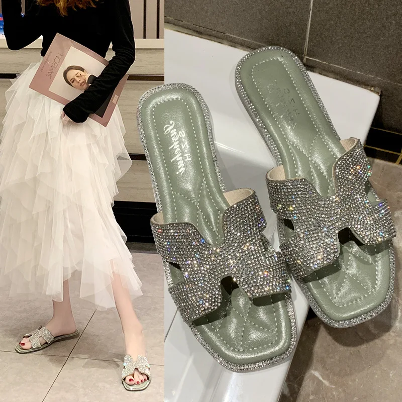 

2019 Slipper Women's Cute Summer INS Spring New Style H A- line Man-made Diamond Slippers Korean-style Versatile Flat Top Shoes