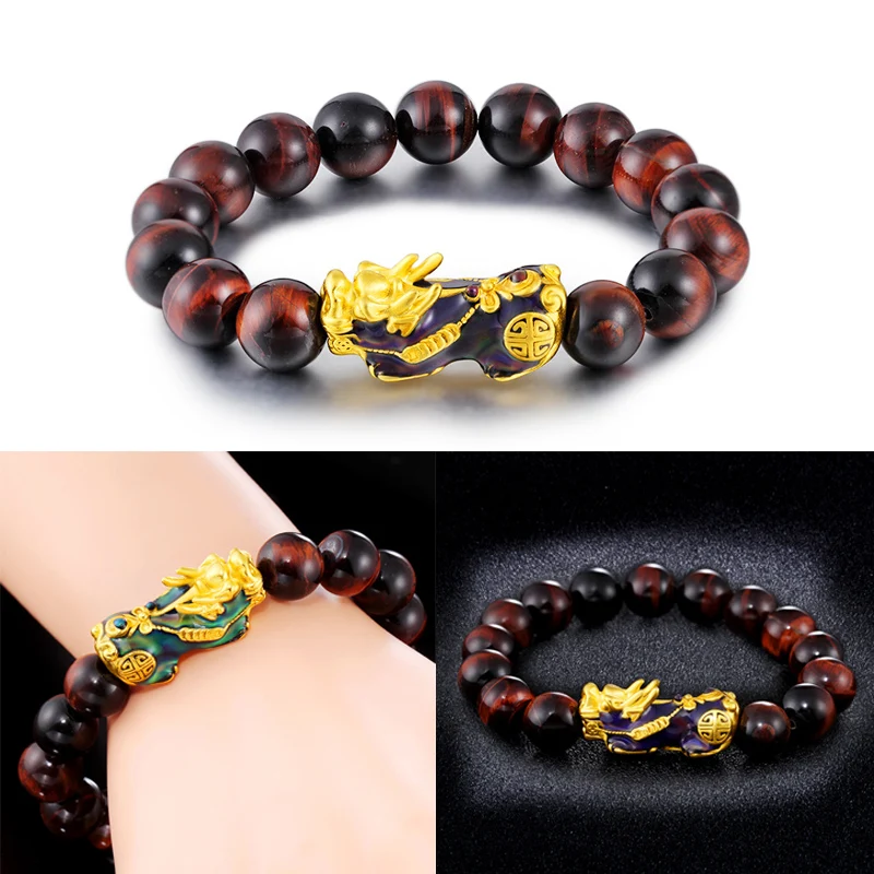 

Feng Shui Red Tiger Eyes Stone Beads Bracelet Men Women Unisex Wristband Gold Pixiu Wealth and Good Luck Women Bracelet