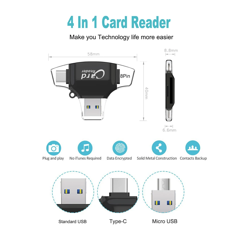 4 в 1 Micro usb type-C TF безопасный цифровой Кардридер высокоскоростной Micro SDs TF кардридер OTG адаптер для iPhone