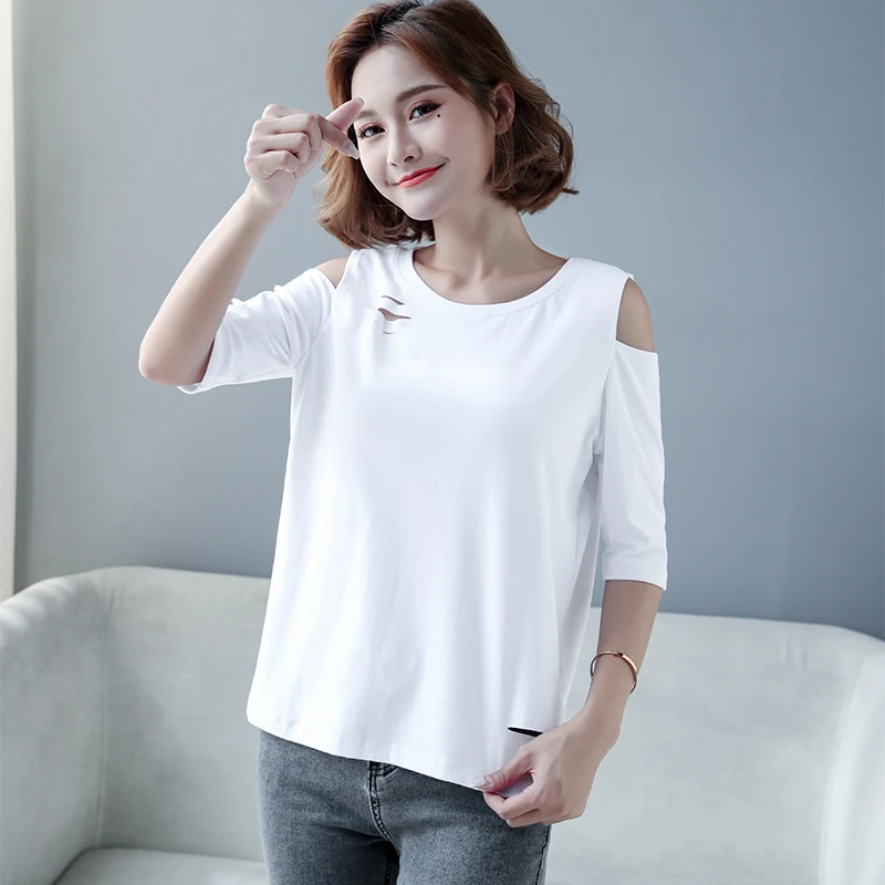 Women Cotton Tshirt Round Collar Solid Color Lady Tees Short Sleeve