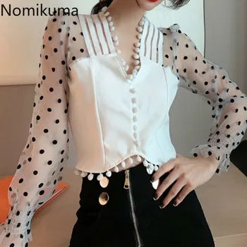 

Nomikuma New Arrival Gauze Patchwork Dot Shirts Female V Neck Long Sleeve Sexy Blouse See Through Crop Tops Women Blusa 3b010