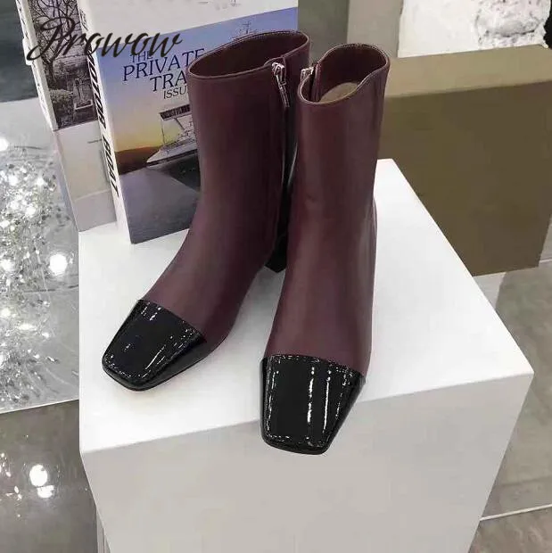

Prowow New Luxury Brand Genuine Leather Square Toe Ankle Boots Zip Side Low Heel Autumn Winter Boots Shoes Women
