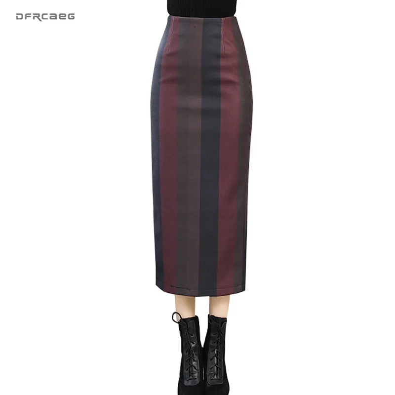 High Waist Autumn Winter Women Maxi Skirts 2019 Print Striped Elegant Sexy Split Ladies Vintage Straight Skirt Casual Sais Longa | Женская