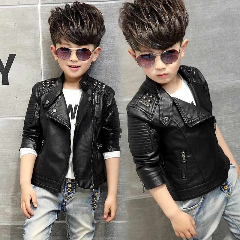 boys coat children's pu jacket fashion kid outwear solid color long sleeve Casual motorcycle jacket spring autumn rivet cool