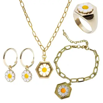 

Coloful Daisy Flower Pendant Necklace Earrings Bracelet Jewelry Set for Women