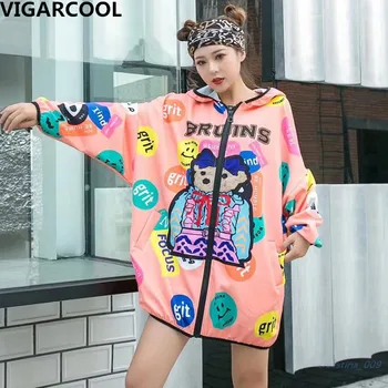 

High-quality jacket women spring autumn Korean printed hooded coat loose long sleeves wild western style long trench coat women