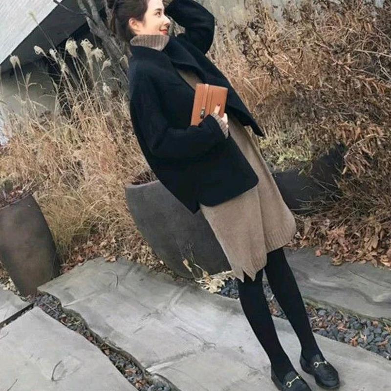 Новое осенне-зимнее шерстяное пальто женское корейское винтажное черное двойное карманное Кукольное короткая куртка с воротником для женщин cc1148 - Цвет: Черный