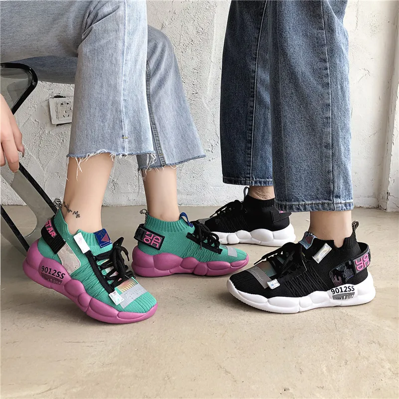 

New Fashion Clunky Sneakers Summer Women Shoes Flying and Weaving Breathable Reflective Thick Bottom Leisure Shoes Dropshipping