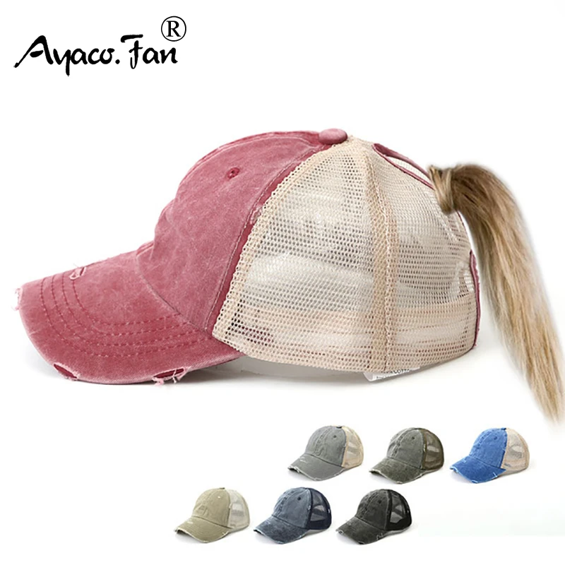 Women Summer Ponytail Baseball Cap Cottony Denim Patchwork Mesh Broken Sunhat Outdoor Sports Vintage Snapback Golf Baseball Hat custom ball caps