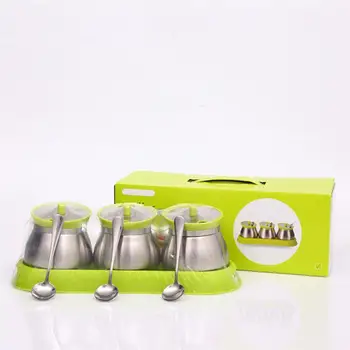 

3 Pcs/1 Set Creative Kitchen Seasoning Jars Salt Jar Condiment Flip Cover Bottle with Spoon Tray for Home Use (Green)
