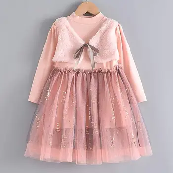

Girls Dress 2020 Summer Autumn Fashion Cartoon Pink Long Sleeve Wool Bow Design for Girl Party Dress Children Clothes