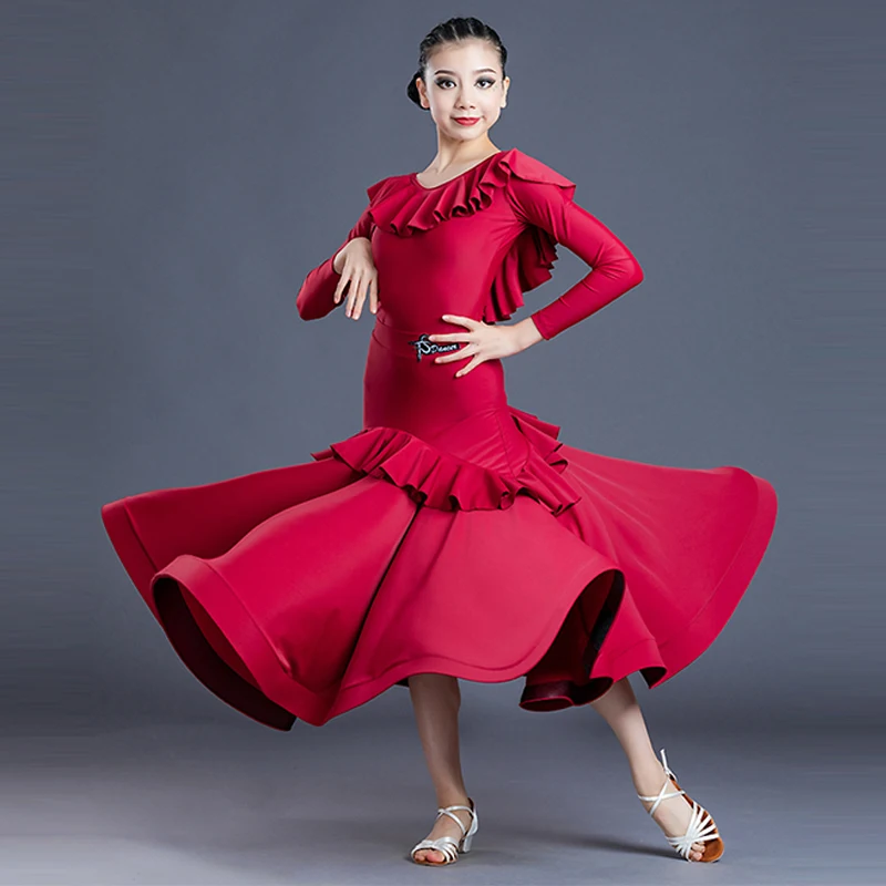 

Red Ballroom Dance Performance Stage Costume Ruffle Leotard Skirt Tango National Standard Dancer Outfits Waltz Dancewear VDB4699
