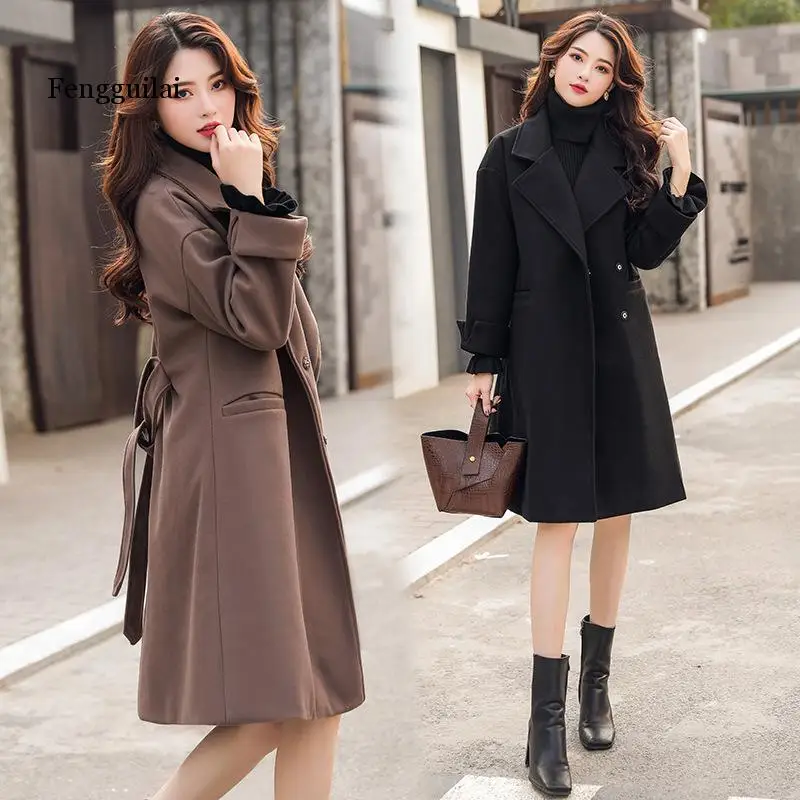 

2021 A- Line Pockets Cashmere Coat Slim Turn-down Collar with Belt Women Wool Coat Cuffs Full Sleeve Warm Winter Jacket Fashion