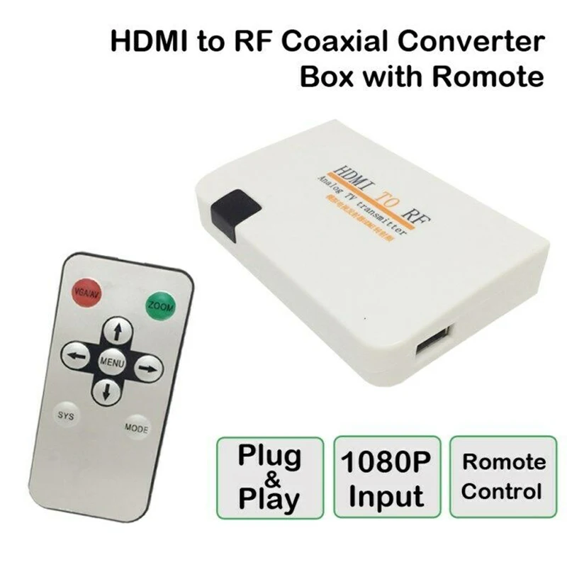 

HDMI To RF Coaxial Modulator Converter Analog Signal TV Transmitter Box With Remote Control Zoom Support HDTV PC