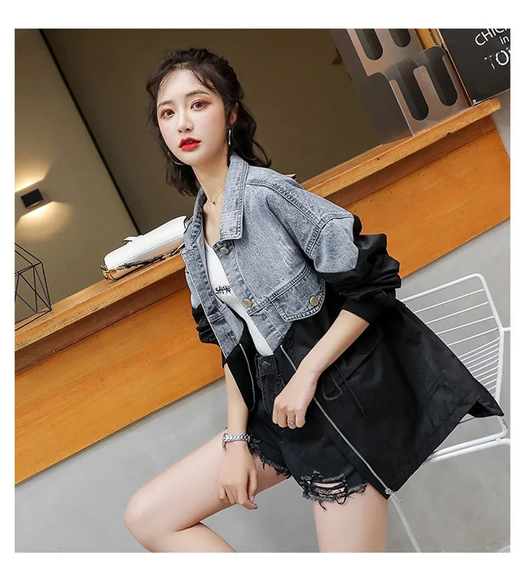 Mulheres Retalhos Denim Jaqueta Color Drawstring Coat 2021 Primavera Outono Nova Moda Splice Blusão Jeans Feminino H184 Hit 9 Mulheres retalhos denim jaqueta hit color drawstring