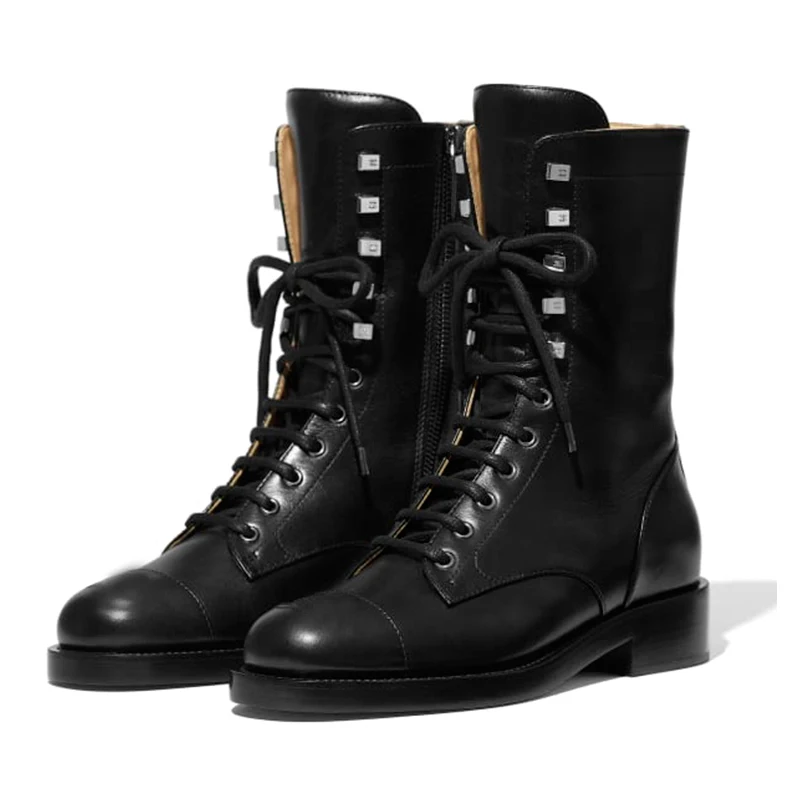 

INS Winter Shoes Woman Ankle Boots Rivets Designer Knight Boots Lace Up Botines Mujer 2019 Black White Leather Chaussures Femme