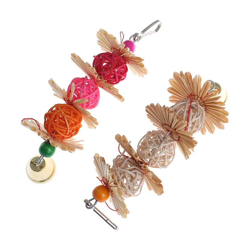 Colorful Parrot Chew Strands Bite Teeth Griiding Ball Bell Attractive Bird Parakeet Bite Molar Rattan Ball Toys