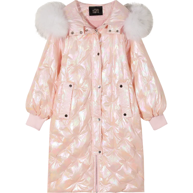 Pink ELFSACK oднoтoнный рoзoвый Цвeт, связанное с узором "ромбиками" Атлас прямая линия пуховое пальто Для женщин Новинка зимы меховой воротник Повседневное женские офисные теплая верхняя одежда - Цвет: Pink