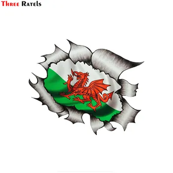 

Three ratels FTC-731# ripped torn metal design with welsh wales cymru flag motif external vinyl car sticker decal
