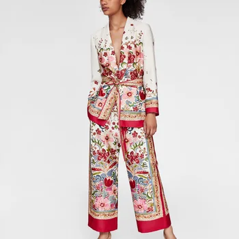 

Summer Europe Women Vintage Two Piece Lace Up Floral Suits Sets Ladies Fashion Street Wear Slim Blazer High Waist Wide Leg Pants