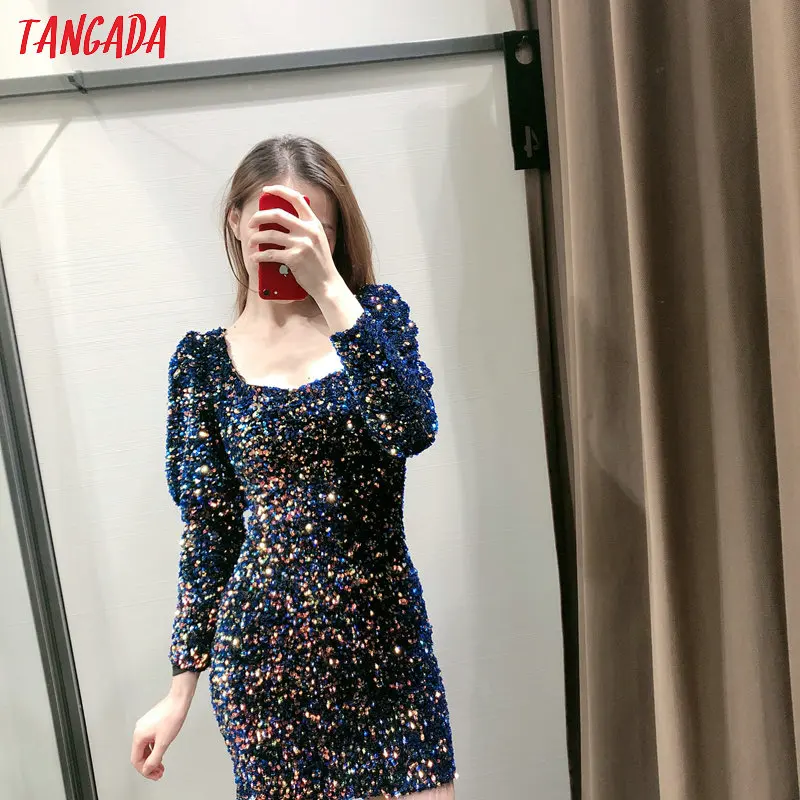 Tangada, женское сексуальное тонкое мини-платье с блестками, блестящее, длинный рукав,, женское Новогоднее платье для вечеринки, vestidos 3H173